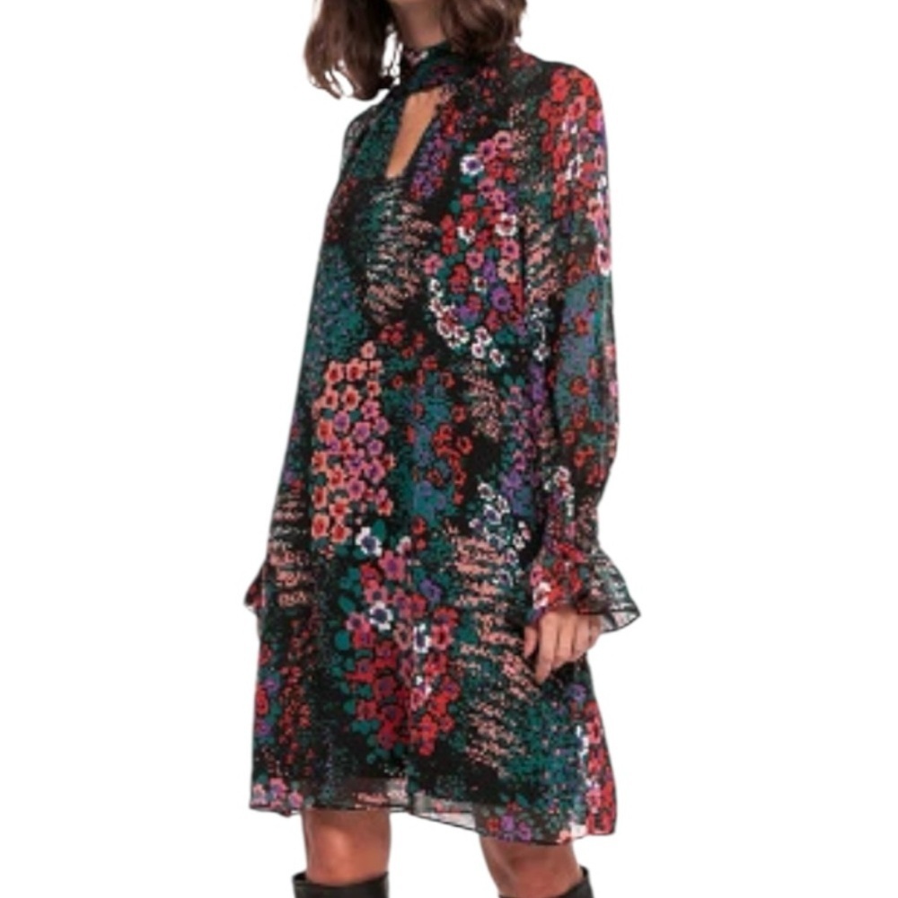 NWT Molly Bracken Black Floral Chiffon Choker Collar Dress Size Medium